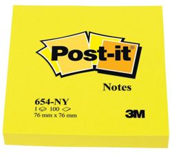 Bloczek samoprzylepny POST-IT® (654NY), 76x76mm, 1x100 kart., jaskrawy żółty