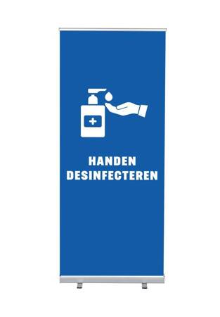 Roll-Banner Budget 85 Komplettset Hände desinfizieren Blau Niederländisch