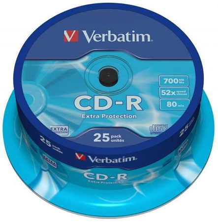 Płyta CD-R VERBATIM, 700MB, prędkość 52x, cake, 25szt., ekstra ochrona
