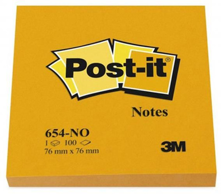 Bloczek samoprzylepny POST-IT® (654N), 76x76mm, 1x100 kart., jaskrawy pomarańczowy