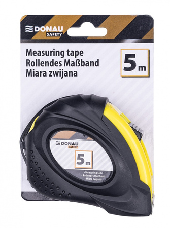 Miarka metalowa DONAU SAFETY, zwijana, 18mmx5m, blister, czarno-żółta
