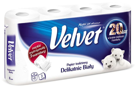 Papier toaletowy celulozowy VELVET Delikatnie Biały, 3-warstwowy, 162 listki, 8szt., biały