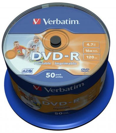 Płyta DVD-R VERBATIM AZO, 4,7GB, prędkość 16x, cake, 50szt., do nadruku