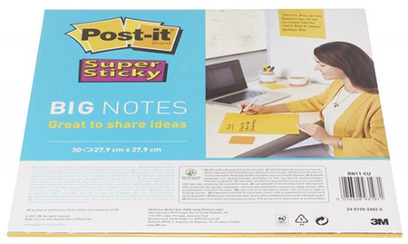 Bloczek samoprzylepny POST-IT® Super Sticky Big Notes (BN11 -EU), 280x280mm,1x30 kart., żółty