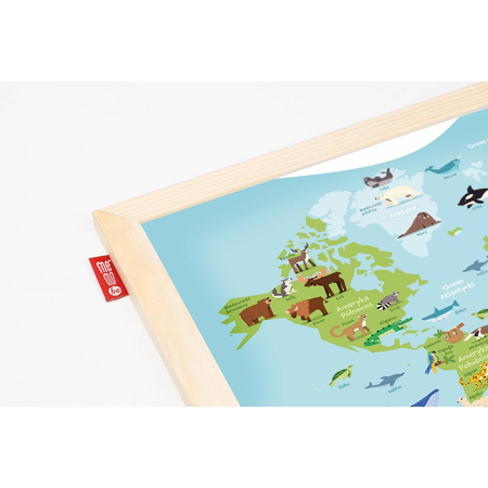 Tablica edukacyjna MemoBe, WHITEBOARDGAME: Animal adventure!, nadruk MAPA ŚWIATA ZE ZWIERZĘTAMI, wersja PL, rama drewniana, 60x40 cm