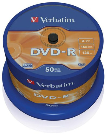 Płyta DVD-R VERBATIM AZO, 4,7GB, prędkość 16x, cake, 50szt., srebrny mat