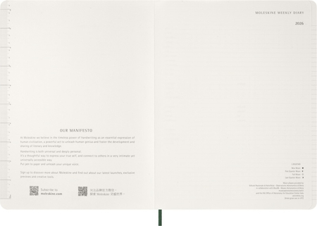 Kalendarz tygodniowy vertykalny MOLESKINE 2026, 15M, XXL, miękka oprawa, 23,5x28cm, myrtle green