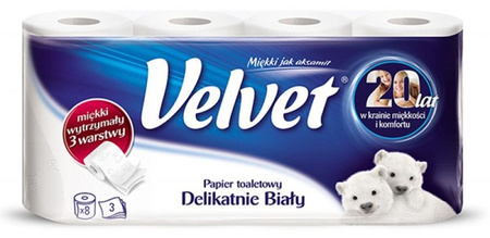 Papier toaletowy celulozowy VELVET Delikatnie Biały, 3-warstwowy, 162 listki, 8szt., biały