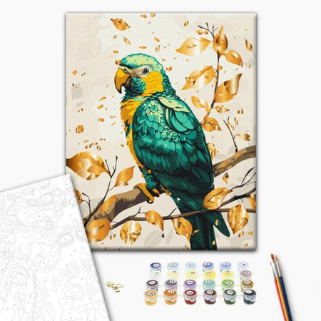 Malowanie po numerach BRUSHME, 40x50 cm, gold, szmaragdowa papuga, 1 szt., w pudełku