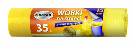 Worki na śmieci z taśmą GROSIK, HDPE, 35l, 15 szt., żółte