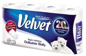 Papier toaletowy celulozowy VELVET Delikatnie Biały, 3-warstwowy, 150 listki, 8szt., biały