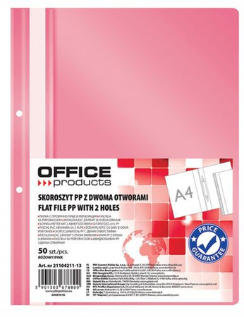 Skoroszyt OFFICE PRODUCTS, PP, A4, 2 otwory, 100/170mikr., wpinany, różowy