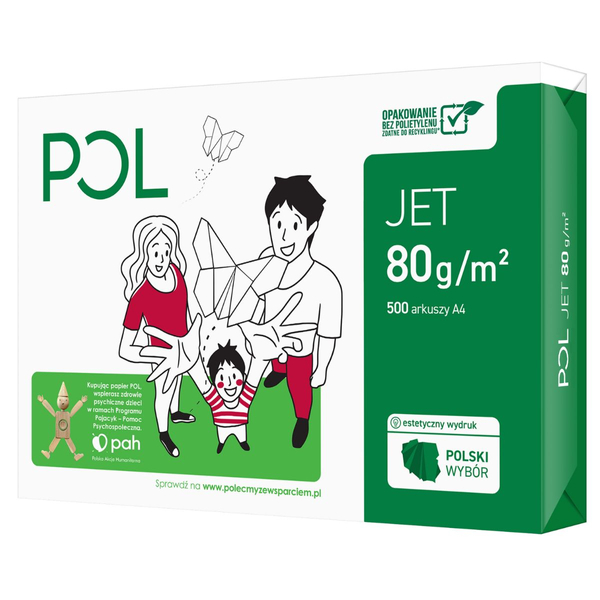 Papier ksero POL JET, A4, klasa A, 166CIE, 80gsm, 500ark.