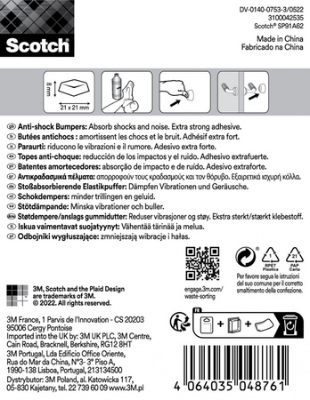 Odbojniki wygłuszające SCOTCH, samoprzylepne, kwadrat, 21x21mm, 6 szt., przezroczyste