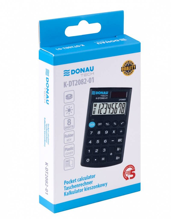 Kalkulator kieszonkowy DONAU TECH, 8-cyfr. wyświetlacz, wym. 97x60x10 mm, czarny