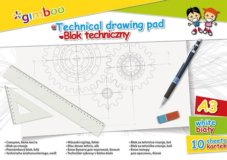 Blok techniczny GIMBOO, A3, 10 kart., 150gsm, biały