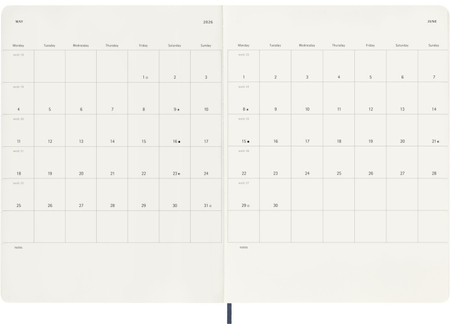 Kalendarz tygodniowy MOLESKINE 2026, 12M, XL, miękka oprawa, 19x25cm, sapphire blue