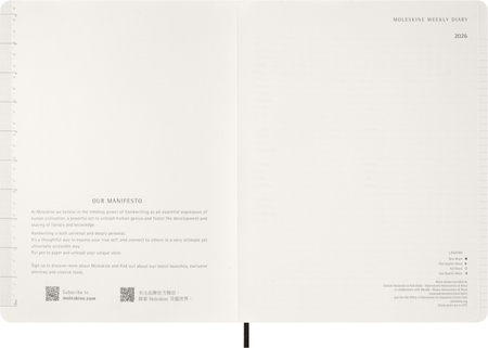 Kalendarz tygodniowy vertykalny MOLESKINE 2026, 15M, XXL, miękka oprawa, 23,5x28cm, czarny