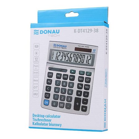 Kalkulator biurowy DONAU TECH, 12-cyfr. wyświetlacz, wym. 210x154x37 mm, metalowa obudowa, srebrny