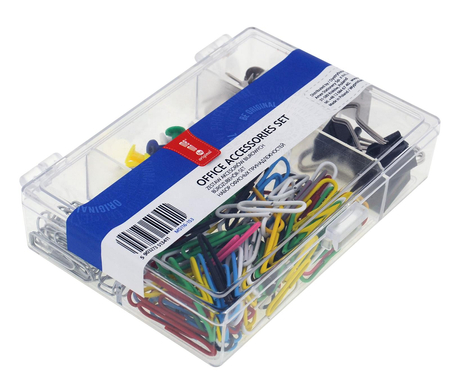 Zestaw biurowy spinacze, pinezki, klipy MemoBe 153 el. kasetka
