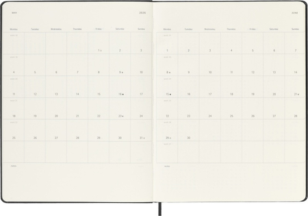 Kalendarz tygodniowy MOLESKINE 2026, 12M, XL, twarda oprawa, 19x25cm, czarny