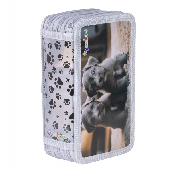 Piórnik szkolny GIMBOO, z wyposażeniem, 3 komory, Puppies 2025, szary