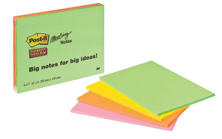 Bloczek samoprzylepny POST-IT® Super Sticky (6845-SSP), 200x149mm, 4x45 kart., mix kolorów