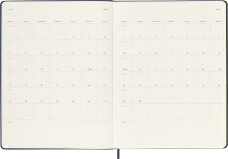 Kalendarz tygodniowy MOLESKINE 2026, 12M, XL, twarda oprawa, 19x25cm, sapphire blue