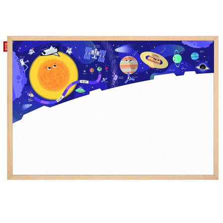 Tablica edukacyjna MemoBe, WHITEBOARDGAME: Space adventure!, nadruk KOSMOSU, zestaw do gry, wersja EN, rama drewniana, 60x40 cm