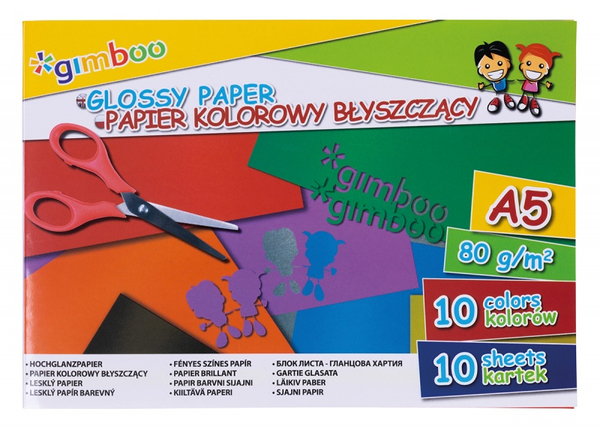Zeszyt papierów kolorowych błyszczących GIMBOO, A5, 10 kartek, 80gsm, mix kolorów