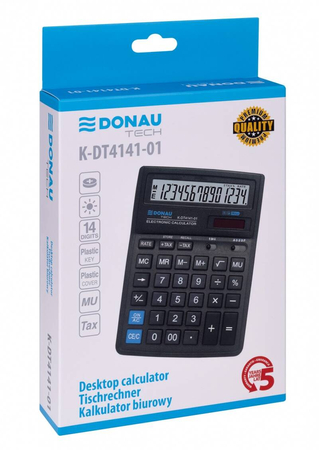 Kalkulator biurowy DONAU TECH, 14-cyfr. wyświetlacz, wym. 190x143x40 mm, czarny