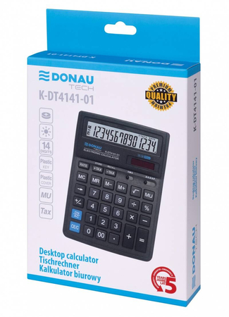 Kalkulator biurowy DONAU TECH, 14-cyfr. wyświetlacz, wym. 190x143x40 mm, czarny