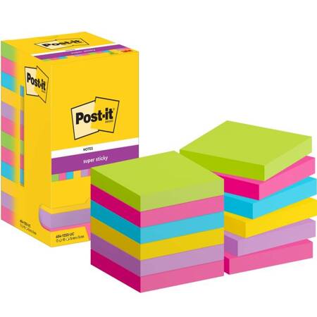 Bloczek samoprzylepny POST-IT® Super sticky, 76x76mm, 12x90 kart., mix kolorów