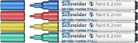 Marker akrylowy SCHNEIDER Paint-It Metallic, 2 mm, etui 4 szt., niebieski, czerowny, żółty, zielony