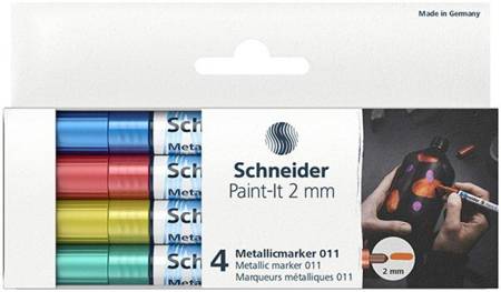 Marker akrylowy SCHNEIDER Paint-It Metallic, 2 mm, etui 4 szt., niebieski, czerowny, żółty, zielony