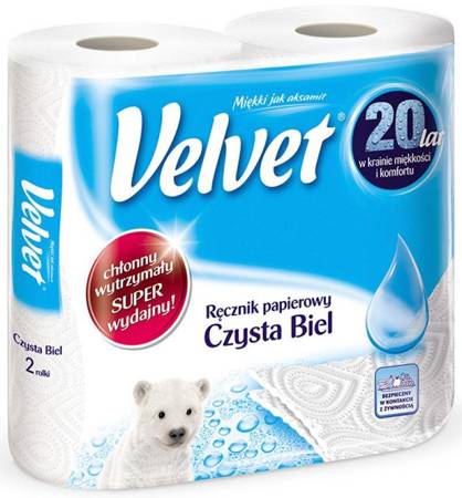 Ręczniki w roli celulozowe VELVET Czysta Biel, 2-warstwowe, 54 listków, 2szt., białe