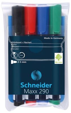 Zestaw markerów do tablic SCHNEIDER Maxx 290, 2-3mm, 4 szt., pudełko z zawieszką, mix kolorów